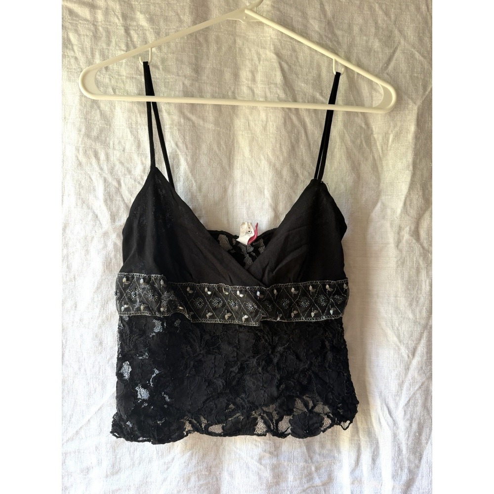 Muni & Huni Black Silver Lace Sheer‎ Cami Tank Top Womens Medium Spaghetti Strap